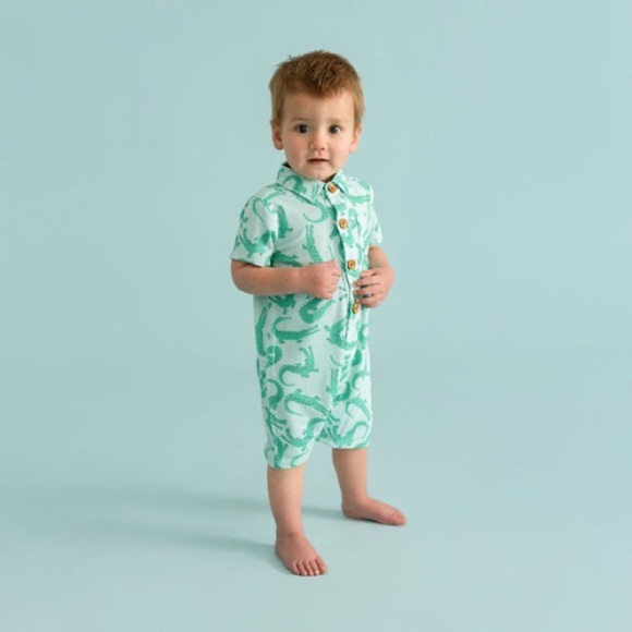 NWOT Posh Peanut Smiles limited edition Collared Henley Shortall Romper 9-12 mos - Picture 4 of 7